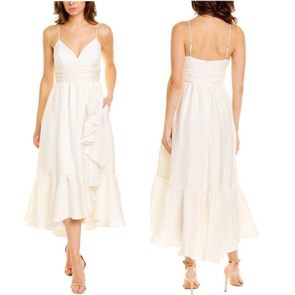 •THEIA• Maika Cascading Ruffle Dress White Linen Silk Blend Jacquard Size 16